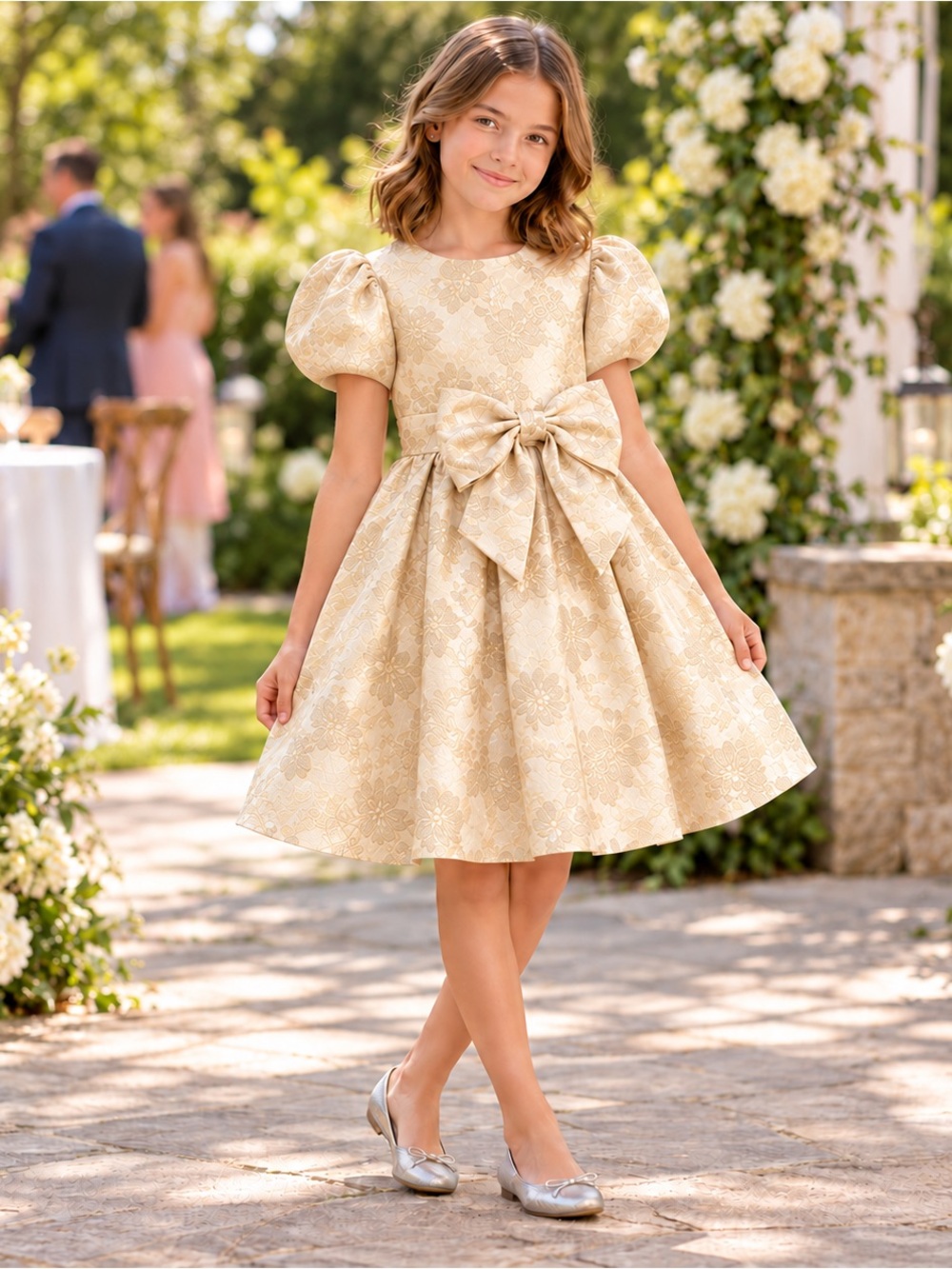 KIDS Rare Editions Girls Metallic Brocade Puff Sleeve Bow Party Dress Size 14